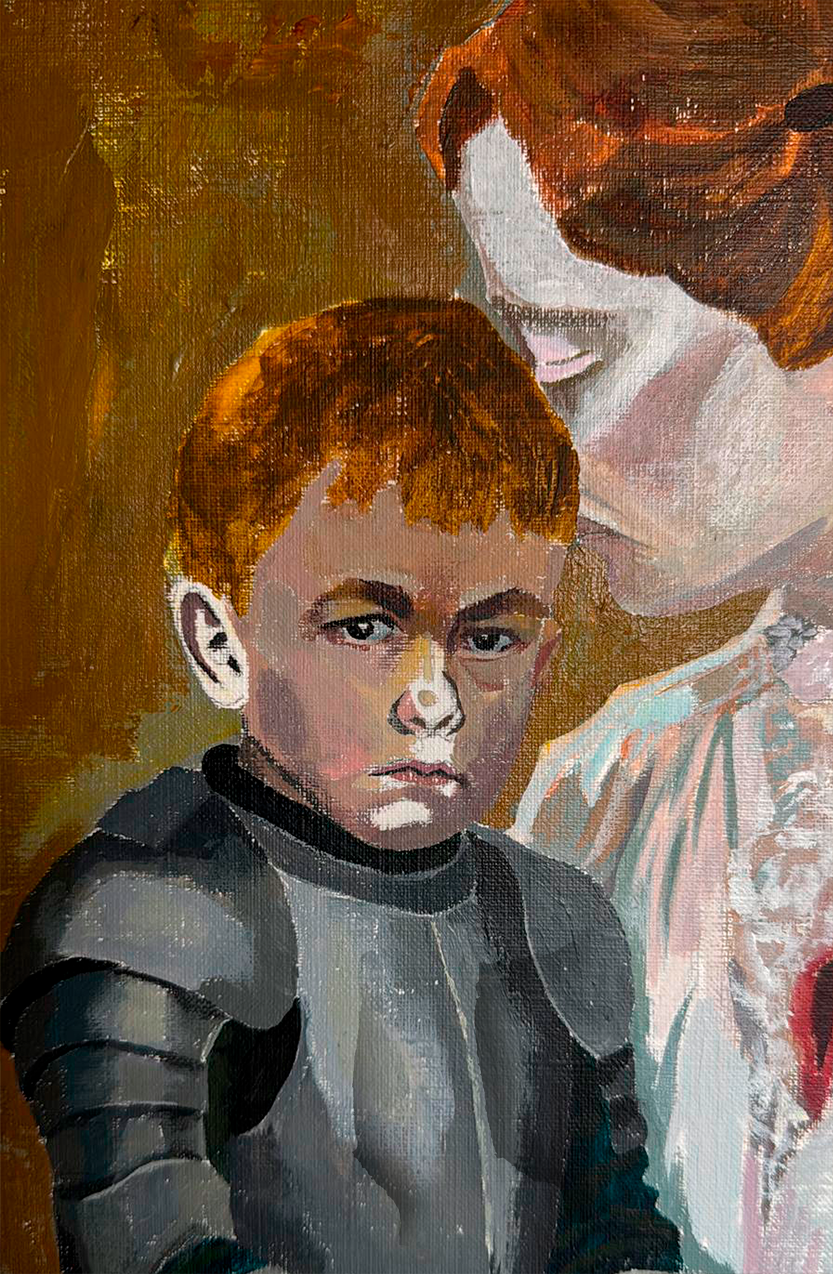 detalle de Little Man. Pintura de acrilico sobre papel de un niño con su madre si…