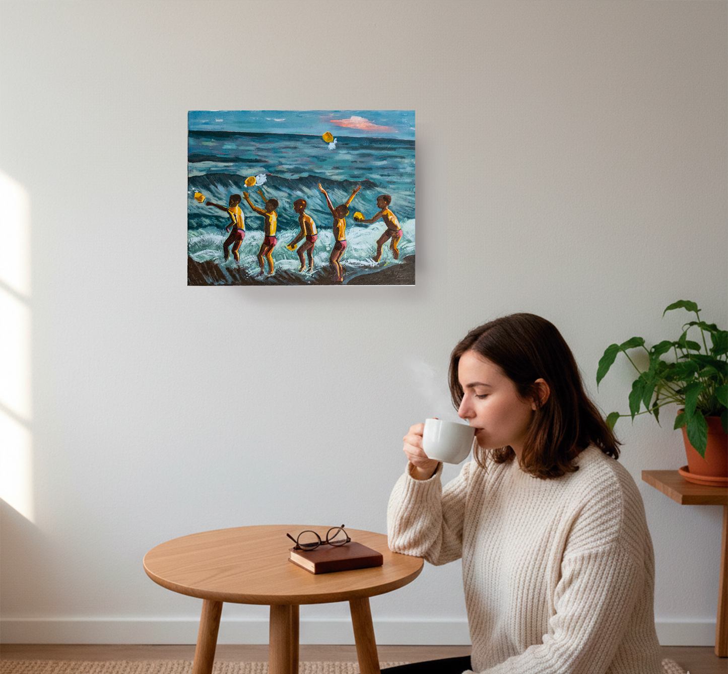 espacio decorado con Jugando con el tiempo.Pintura oleo sobre lienzo de niños jugando en la…