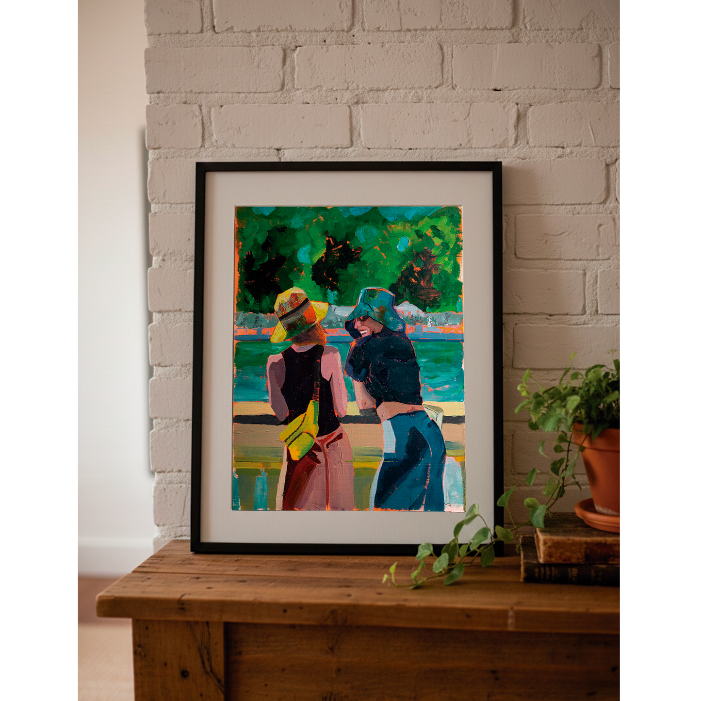 Pintura al óleo sobre papel inspirada en unas chicas viendo el lago del retiro de Madrid. Obra original llena de fuerza y expresión, ideal para amantes del arte