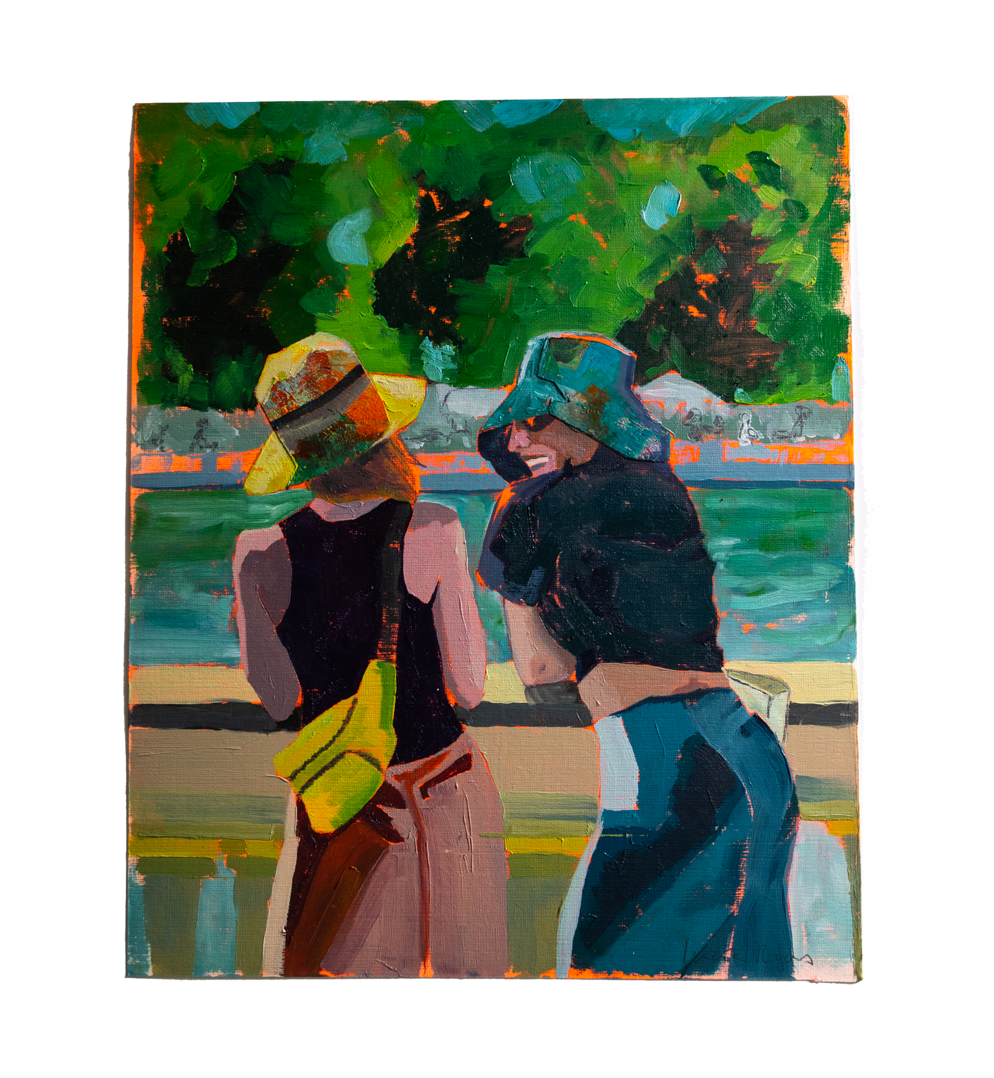 pintura de dos chicas hablando en el retiro realizada con oleo sobre papel