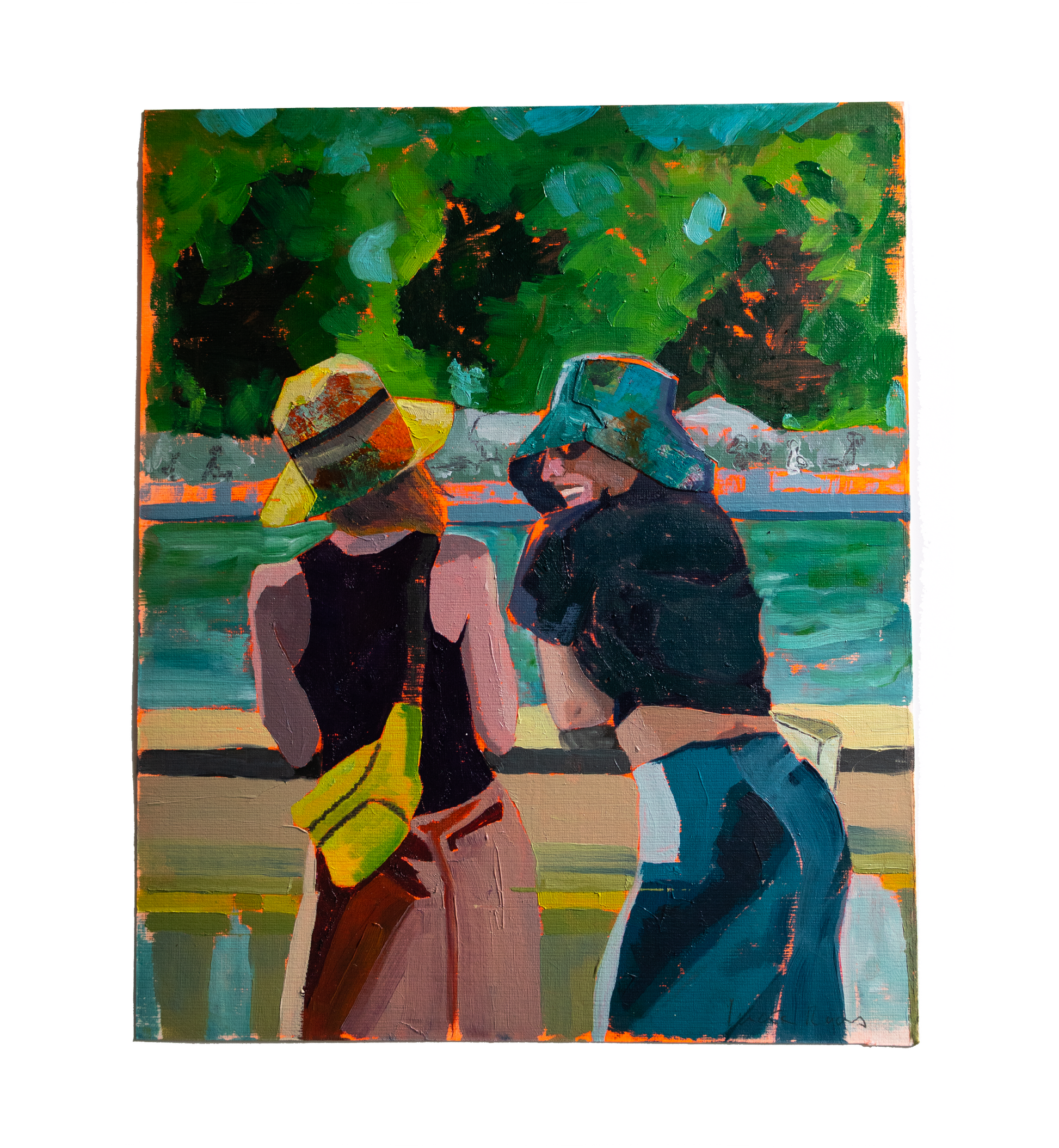 pintura de dos chicas hablando en el retiro realizada con oleo sobre papel