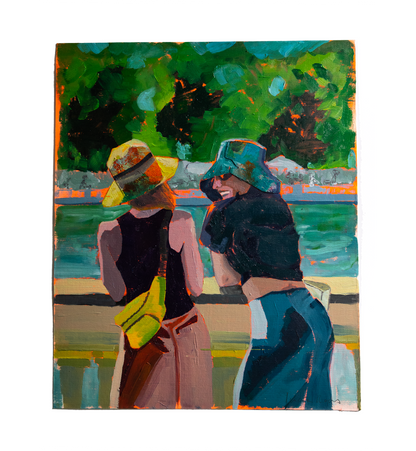 pintura de dos chicas hablando en el retiro realizada con oleo sobre papel