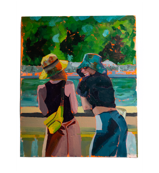 pintura de dos chicas hablando en el retiro realizada con oleo sobre papel