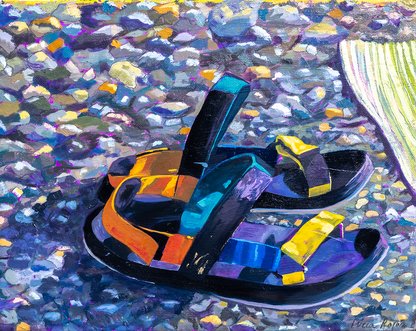 Pintura oleo sobre lienzo chanclas den la playa Vibrando al sol