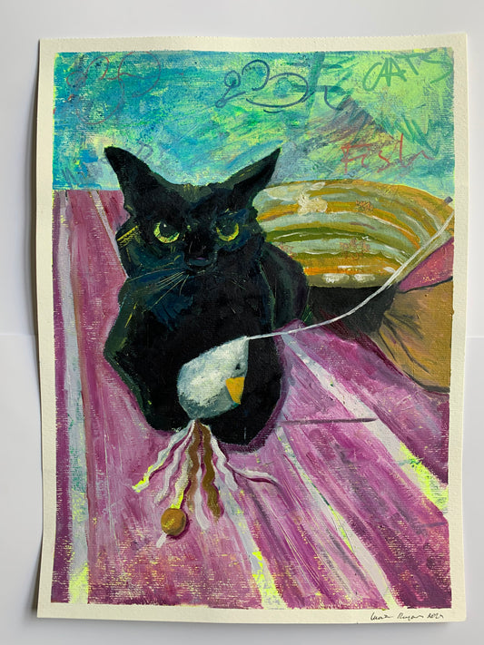 La Gata. Pintura de oleo sobre papel de un gato negro jugando 