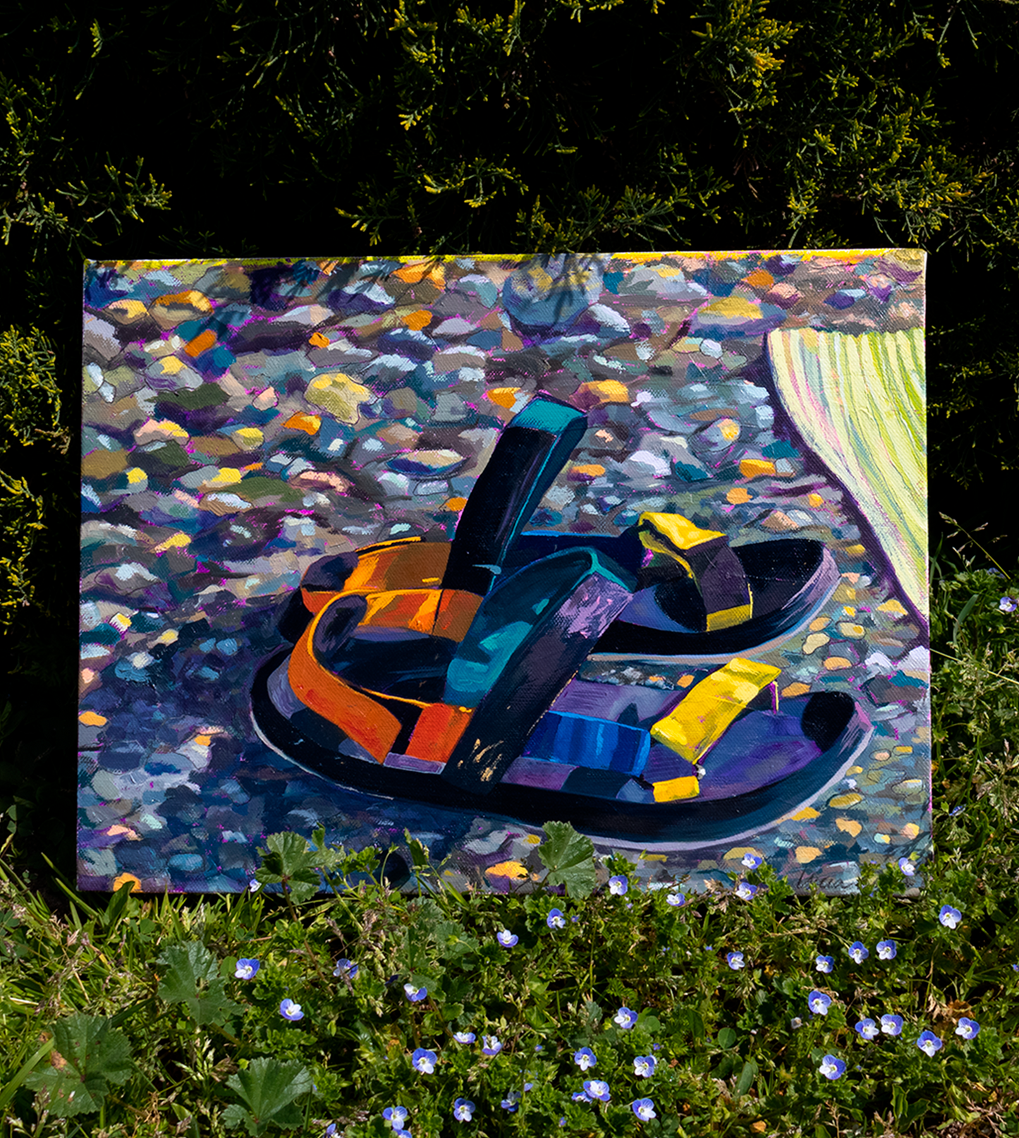 pintura de chanclas en la playa realizada al oleo sobre lienzo