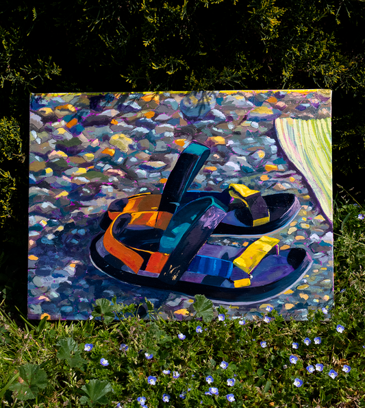 pintura de chanclas en la playa realizada al oleo sobre lienzo