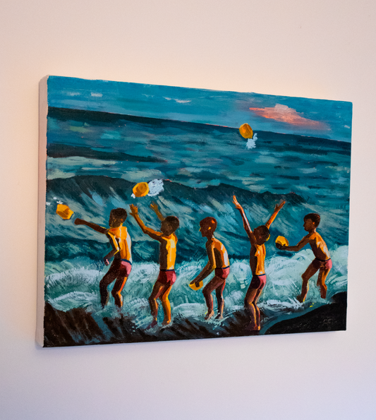 pintura oleo de niños jugando en la playa viendo pasar el tiempo