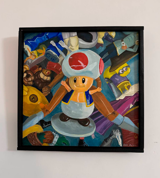 pintura de toad en el rastro de madrid con un fondo de juguetes diseño lucia rojas